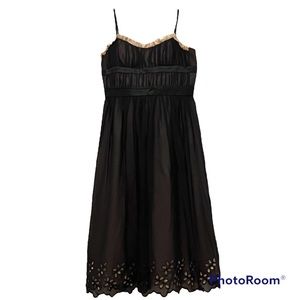 Max & Cleo 100% Silk, Black Gathered Dress with Eyelet Embroidery